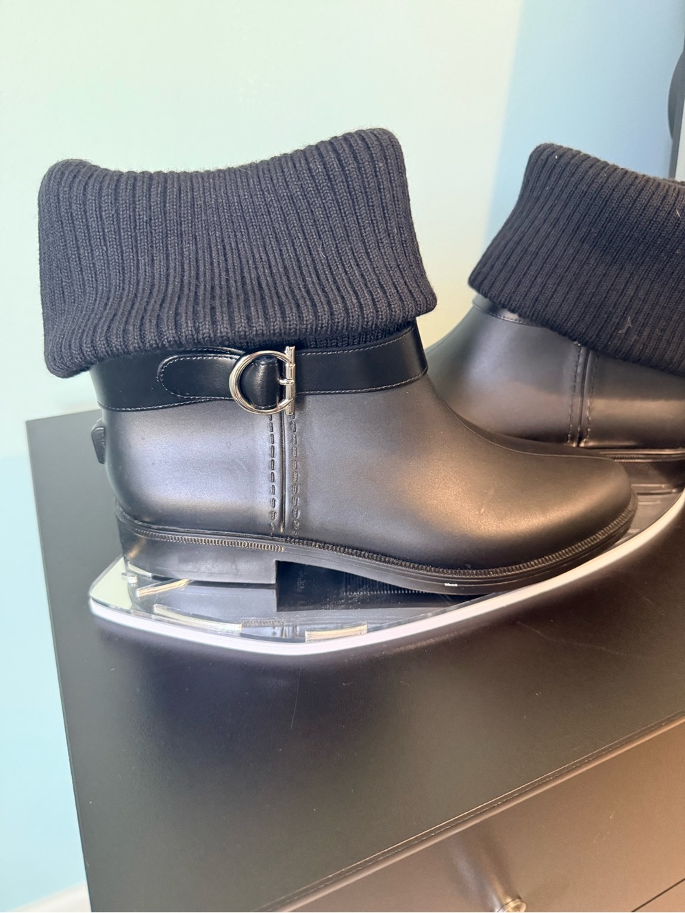 Salvatore Ferragamo Black Leather Ankle Booties with Knit Cuff